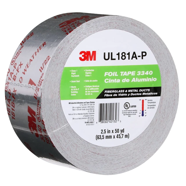 Alt view image 2 of 7 - Aluminum Foil Tape 3340, 2.5" x 50 yd, 4.0 mil, Silver, 1 Roll HVAC, Sealing and Patching Hot and Cold Air Ducts, Fiberglass Duct Board, Insulation, Metal Repair