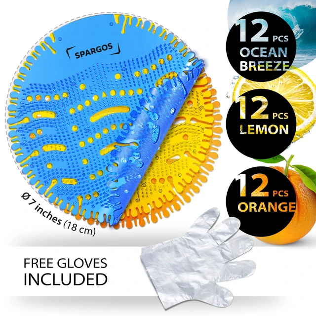 Alt view image 2 of 7 - Urinal Screen Deodorizer, 36 Pack, Anti-Splash Cakes 36 urinal cakes in blue, lemon and orange. 3D wave anti-splash mat for office, stadium, school restrooms. Gloves incl