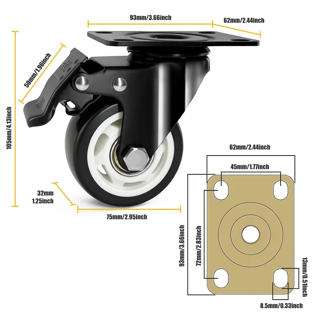 Alt view image 2 of 6 - 3 Inch Caster Wheels with Brake, Swivel,Heavy Duty, Silent, Set of 4 Easy to Install, Efficient operation, convenient braking,Silent, Floor friendly,Widely Applied for Cart,Furniture,Workbench