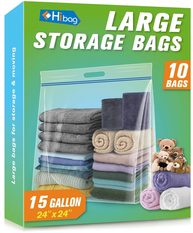 Main image of 15 Gallon Large Storage Bags, 24 x 24 Resealable Clear Bags with Handle, Extra Large XL Heavy Duty for Clothes Pillow Travel Moving, Pack of 10