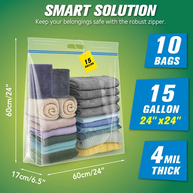 Alt view image 2 of 7 - 15 Gallon Large Storage Bags, 24 x 24 Resealable Clear Bags with Handle, Extra Large XL Heavy Duty for Clothes Pillow Travel Moving, Pack of 10