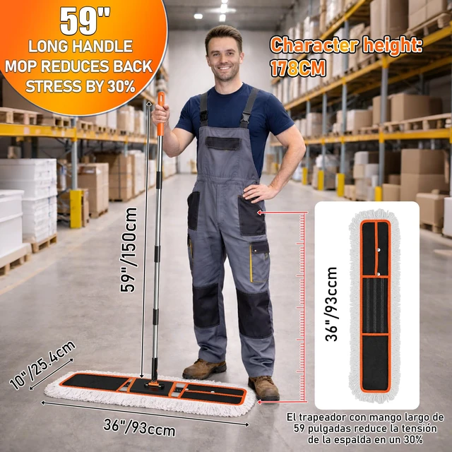 Alt view image 2 of 7 - 36" Commercial Dust Mop: Janitor Mop for Floors Cleaning high-traffic commercial areas professional cleaning supplies 59" long-handle heavy-duty frame 2 Pcs mop pad