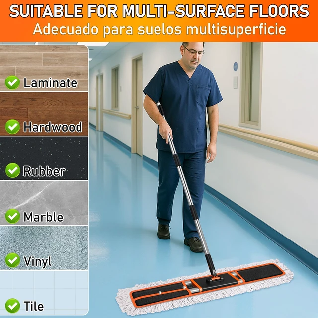 Alt view image 5 of 7 - 36" Commercial Dust Mop: Janitor Mop for Floors Cleaning high-traffic commercial areas professional cleaning supplies 59" long-handle heavy-duty frame 2 Pcs mop pad