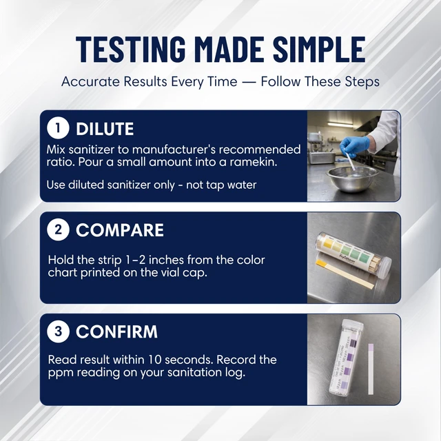 Alt view image 5 of 6 - Restaurant Sanitizer Test Kit Combo, 10 x Vial of 100 Strips Each QR5 Quat Sanitizer 0-400PPM & Chlorine Test Strip 0-200PPM Testing Kit for Food Service, Bar & Restaurants Supplies by FryOilSaver Co