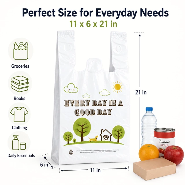 Alt view image 5 of 7 - White Thank you T shirt bag, Grocery shopping bag Reusable and Disposable Supermarket Bag 11''x6''x21'' 101PCS
