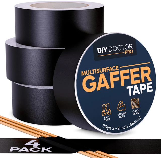 Main image of Strong Adhesive Gaffer Tape 2 Inch x 30 Yards Black Matte Cloth - 4 Pack No Residue · Non-Reflective · For stage, floor and cable management, Pro