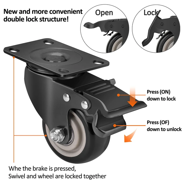 Alt view image 2 of 6 - 3 Inch Industrial Heavy Duty Swivel Caster Wheels with Brake,Set of 4 Safety Locking Casters,Load 1600lbs,Premium Polyurethane Wheels for Table,Trailer,Saw Table,Stage Toolbox,Bed,Corn Board