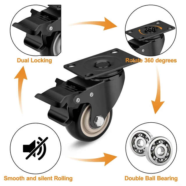 Alt view image 3 of 6 - 3 Inch Industrial Heavy Duty Swivel Caster Wheels with Brake,Set of 4 Safety Locking Casters,Load 1600lbs,Premium Polyurethane Wheels for Table,Trailer,Saw Table,Stage Toolbox,Bed,Corn Board