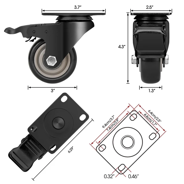 Alt view image 4 of 6 - 3 Inch Industrial Heavy Duty Swivel Caster Wheels with Brake,Set of 4 Safety Locking Casters,Load 1600lbs,Premium Polyurethane Wheels for Table,Trailer,Saw Table,Stage Toolbox,Bed,Corn Board