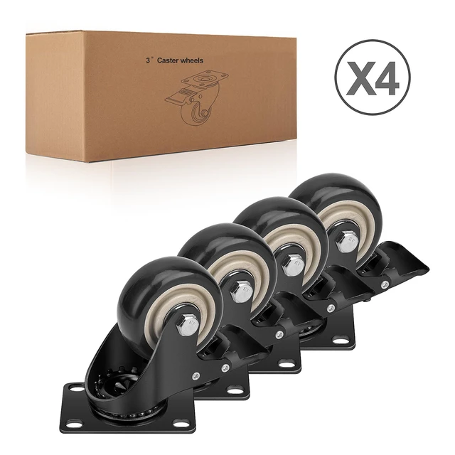 Alt view image 5 of 6 - 3 Inch Industrial Heavy Duty Swivel Caster Wheels with Brake,Set of 4 Safety Locking Casters,Load 1600lbs,Premium Polyurethane Wheels for Table,Trailer,Saw Table,Stage Toolbox,Bed,Corn Board