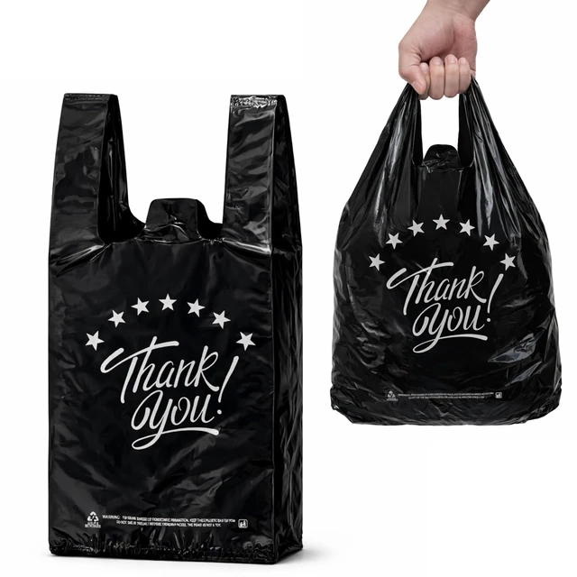 Main image of Black Thank you T shirt bag, Grocery shopping bag Reusable and Disposable Supermarket Bag 11''x6''x21'' 200PCS