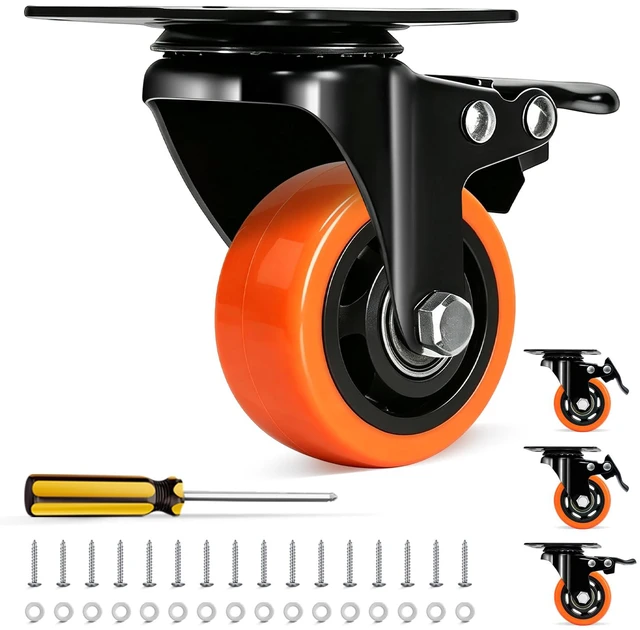 Main image of 3 Inch Heavy Duty Caster Wheel with Dual Brake,Silent,Orange,Set of 4 Easy to Install, Efficient operation, convenient braking,Silent, Floor friendly,Widely Applied for Cart,Furniture,Workbench
