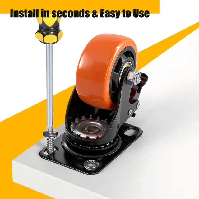 Alt view image 3 of 6 - 3 Inch Heavy Duty Caster Wheel with Dual Brake,Silent,Orange,Set of 4 Easy to Install, Efficient operation, convenient braking,Silent, Floor friendly,Widely Applied for Cart,Furniture,Workbench