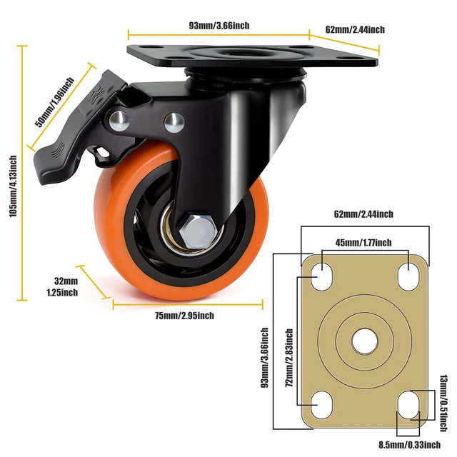 Alt view image 2 of 6 - 3 Inch Heavy Duty Caster Wheel with Dual Brake,Silent,Orange,Set of 4 Easy to Install, Efficient operation, convenient braking,Silent, Floor friendly,Widely Applied for Cart,Furniture,Workbench