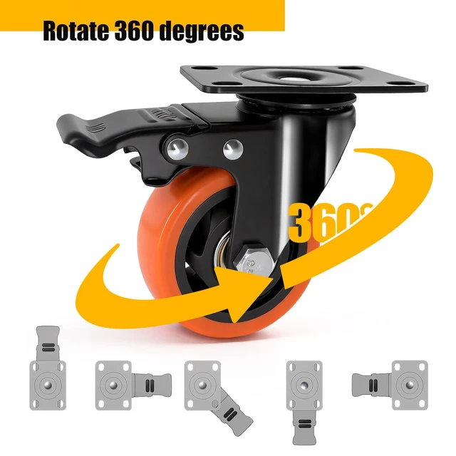 Alt view image 4 of 6 - 3 Inch Heavy Duty Caster Wheel with Dual Brake,Silent,Orange,Set of 4 Easy to Install, Efficient operation, convenient braking,Silent, Floor friendly,Widely Applied for Cart,Furniture,Workbench