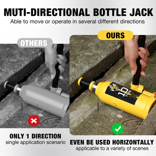 Alt view image 3 of 7 - 10 Ton Muti-Directional Welded Bottle Jack (20,000lb), Horizontal Bottle Jacks Use for Car, Pickup, Truck, RV, Auto Repair, Hydraulic Bottle Jack