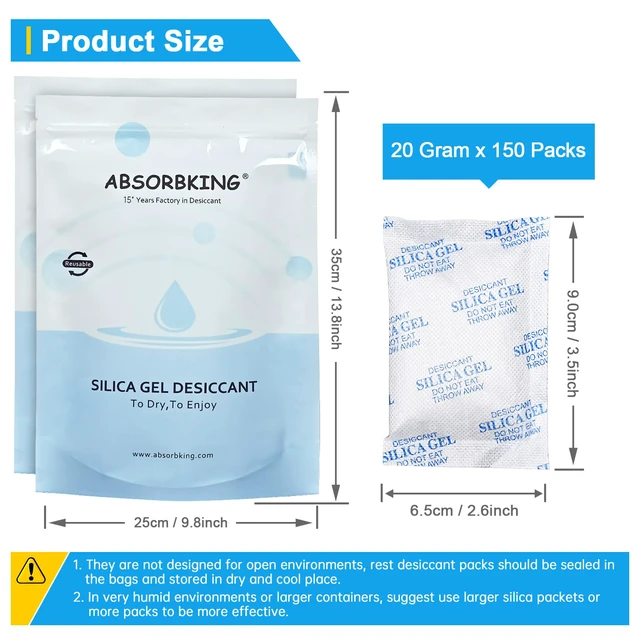 Alt view image 2 of 7 - Silica Gel Packets, 20 Gram 150 Packs Food Safe Moisture Absorbers, Desiccant Packs for Storage, Reusable Desiccant for Foods, Storage Bins, 3D Filaments, Electronics, Safes