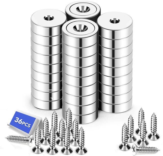 Main image of Strong Magnets Heavy Duty Screw On Neodymium 30LBS Magnet 36 Pack Rare Earth With Screw Hole Door Catch Adhesive Magnetic Locker Cabinet Round Wall Cruise Cabins Disc Mounting Fridge Silver