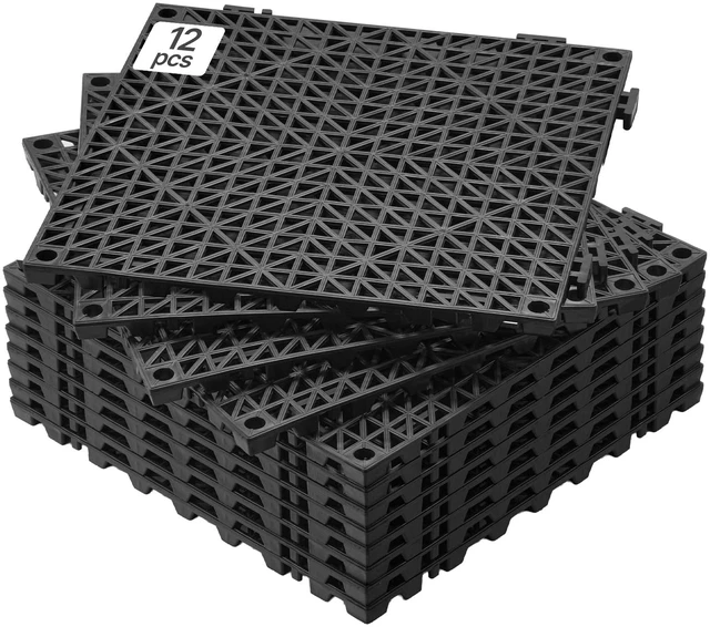 Main image of Modular Interlocking Cushion, 12 Pack 12" x 12" Splicing Drainage Mats, Soft PVC Interlocking Drainage Floor Tiles, Non-Slip Drainage Holes for Restroom, Bathroom, Kitchen, Pool, Wet Areas, Blac