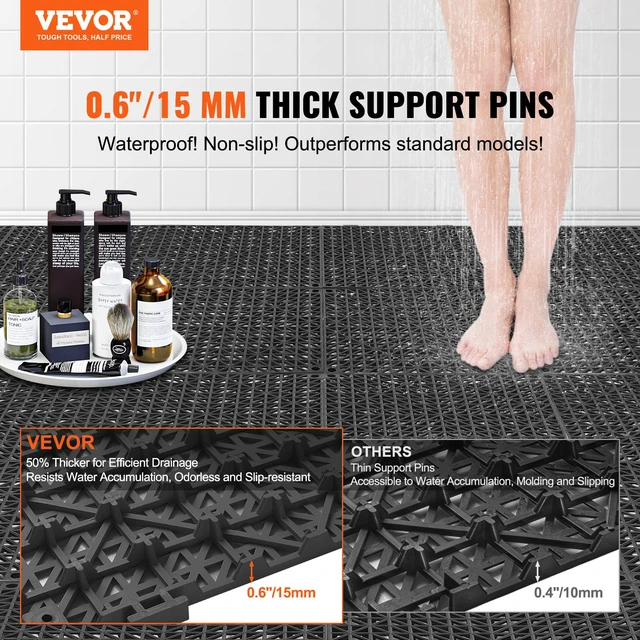 Alt view image 2 of 7 - Modular Interlocking Cushion, 12 Pack 12" x 12" Splicing Drainage Mats, Soft PVC Interlocking Drainage Floor Tiles, Non-Slip Drainage Holes for Restroom, Bathroom, Kitchen, Pool, Wet Areas, Blac