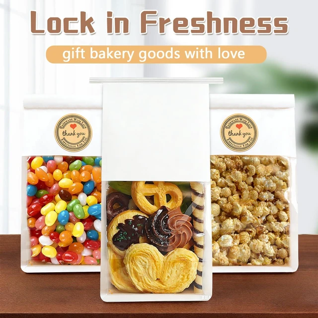 Alt view image 5 of 6 - 100 Pack White Cookie Bags with Seal, 8.2x3.9x3.1 Inch Tin Tie Tab Lock Bakery Bags with Window Resealable Paper Packaging Bag for Muffin, Candies, Scone, Brownie, Included 50 Thank You Stickers