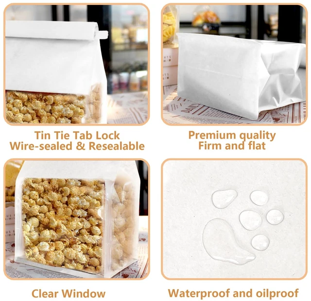 Alt view image 4 of 6 - 100 Pack White Cookie Bags with Seal, 8.2x3.9x3.1 Inch Tin Tie Tab Lock Bakery Bags with Window Resealable Paper Packaging Bag for Muffin, Candies, Scone, Brownie, Included 50 Thank You Stickers