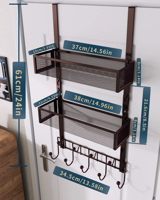 Alt view image 7 of 7 - Over The Door Hooks Organizer - 3 Tier Door Hanger with 9 Coat Hooks & 2 Mesh Basket, Back Storage Organizer Hanging Towels for Bathroom, Bedroom, Bronze