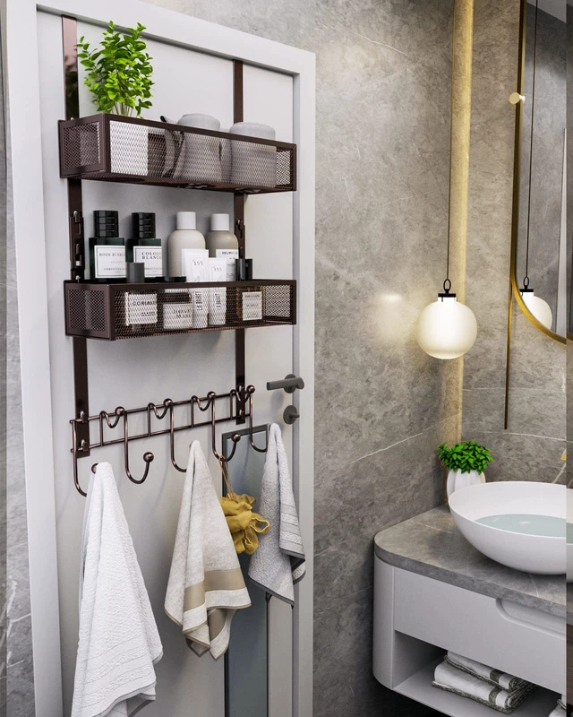 Alt view image 6 of 7 - Over The Door Hooks Organizer - 3 Tier Door Hanger with 9 Coat Hooks & 2 Mesh Basket, Back Storage Organizer Hanging Towels for Bathroom, Bedroom, Bronze