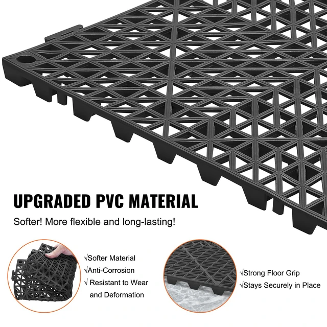 Alt view image 3 of 7 - Modular Interlocking Cushion, 12 Pack 12" x 12" Splicing Drainage Mats, Soft PVC Interlocking Drainage Floor Tiles, Non-Slip Drainage Holes for Restroom, Bathroom, Kitchen, Pool, Wet Areas, Blac