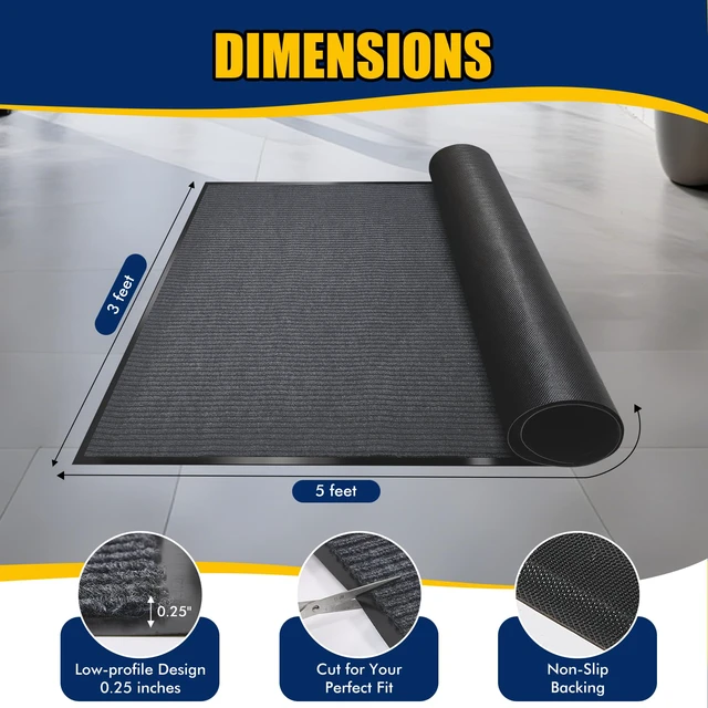 Alt view image 4 of 7 - Entrance Mat for Home or Office - 3 x 5 Feet, Carpeted Indoor/Outdoor Entry Mat - Absorbent, Slip Resistant, Heavy Duty, Low-Profile, Easy to Clean, Rubber Entry Mat - Charcoal