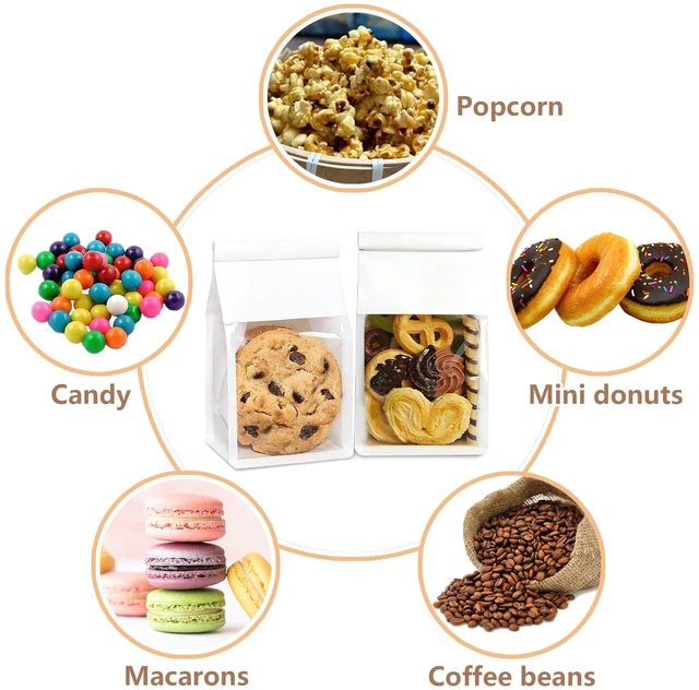 Alt view image 6 of 6 - 100 Pack White Cookie Bags with Seal, 8.2x3.9x3.1 Inch Tin Tie Tab Lock Bakery Bags with Window Resealable Paper Packaging Bag for Muffin, Candies, Scone, Brownie, Included 50 Thank You Stickers