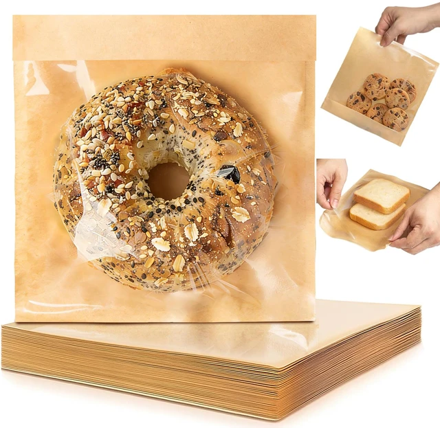 Main image of 100 Self Sealing Sandwich Bags with Window, Paper Cookie Bags with Seal, Grease Resistant To Go Bakery Sleeves for Packaging Bagels, Donuts, Scone, Brownie, Small Pastries and other Treats