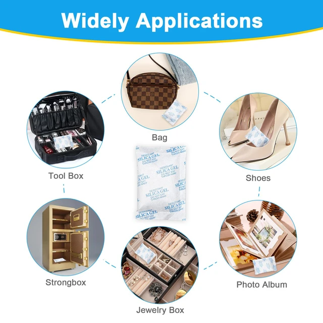 Alt view image 6 of 7 - Silica Gel Packets, 50 Gram 50 Packs Food Safe Moisture Absorbers, Desiccant Packs for Storage, Reusable Desiccant for Foods, Storage Bins, 3D Filaments, Electronics, Safes