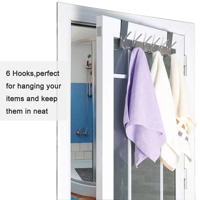 Alt view image 6 of 7 - Over The Door Hook Door Hanger:Over The Door Towel Rack with 6 Hooks for Hanging Coats,Door Coat Hanger Towel Hanger Over Door Coat Rack for Towels,Clothes,Back of Bathroom,Silver