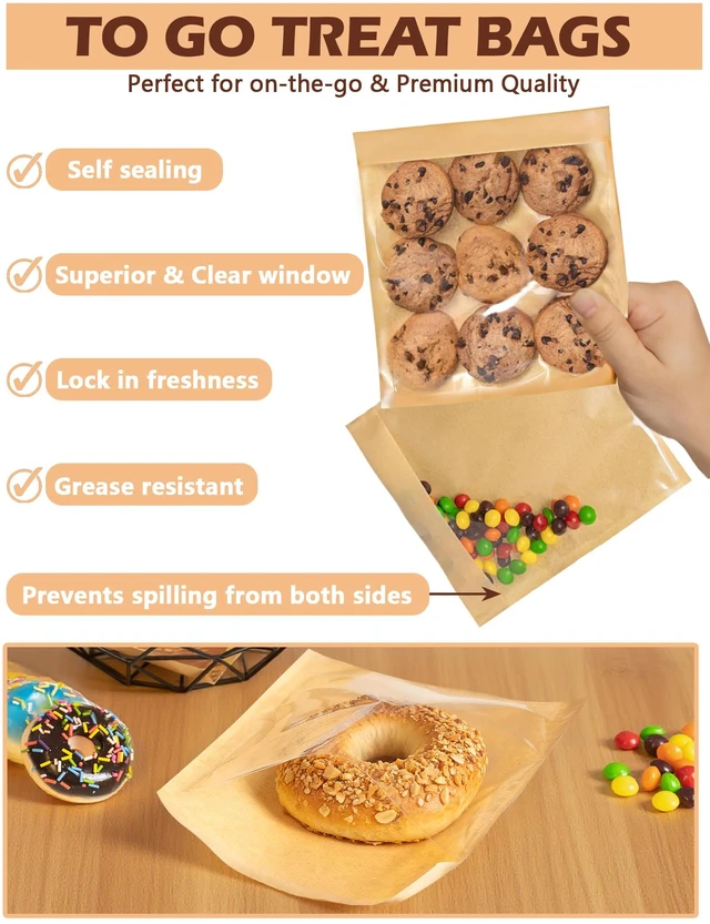 Alt view image 3 of 6 - 100 Self Sealing Sandwich Bags with Window, Paper Cookie Bags with Seal, Grease Resistant To Go Bakery Sleeves for Packaging Bagels, Donuts, Scone, Brownie, Small Pastries and other Treats