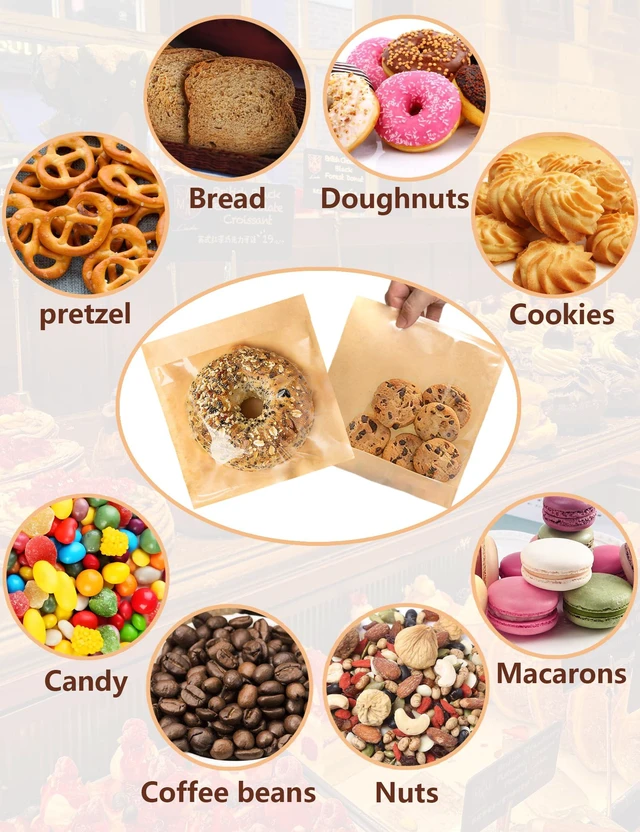 Alt view image 4 of 6 - 100 Self Sealing Sandwich Bags with Window, Paper Cookie Bags with Seal, Grease Resistant To Go Bakery Sleeves for Packaging Bagels, Donuts, Scone, Brownie, Small Pastries and other Treats