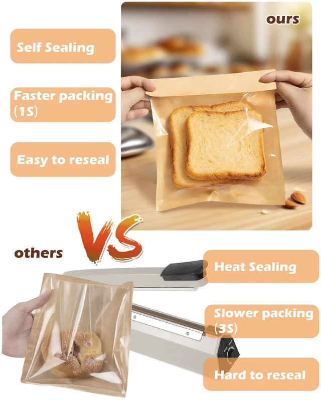 Alt view image 5 of 6 - 100 Self Sealing Sandwich Bags with Window, Paper Cookie Bags with Seal, Grease Resistant To Go Bakery Sleeves for Packaging Bagels, Donuts, Scone, Brownie, Small Pastries and other Treats