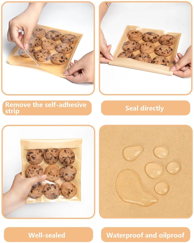 Alt view image 6 of 6 - 100 Self Sealing Sandwich Bags with Window, Paper Cookie Bags with Seal, Grease Resistant To Go Bakery Sleeves for Packaging Bagels, Donuts, Scone, Brownie, Small Pastries and other Treats