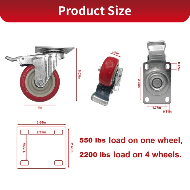 Alt view image 2 of 6 - Htudcue 4 Inch Heavy Duty Casters Set of 8, 2200 lbs Per 4 Red Wheels, Dual Locking Swivel Plate Casters with Brakes for Industrial Workbenches & Utility Carts