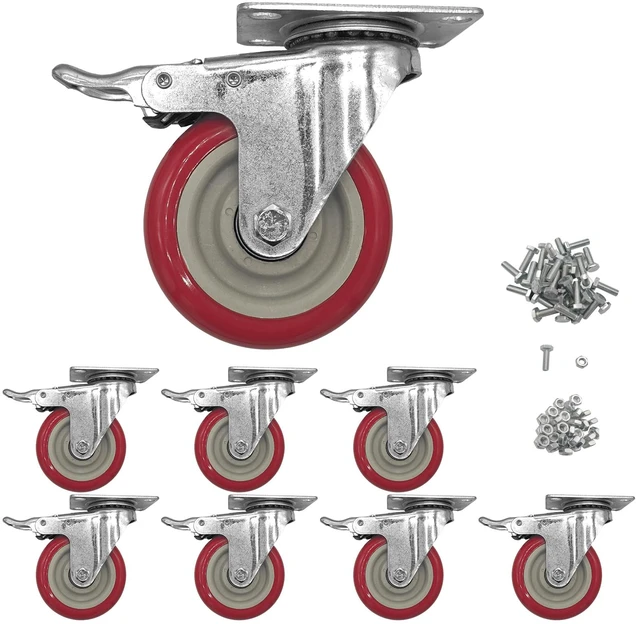 Main image of Htudcue 4 Inch Heavy Duty Casters Set of 8, 2200 lbs Per 4 Red Wheels, Dual Locking Swivel Plate Casters with Brakes for Industrial Workbenches & Utility Carts