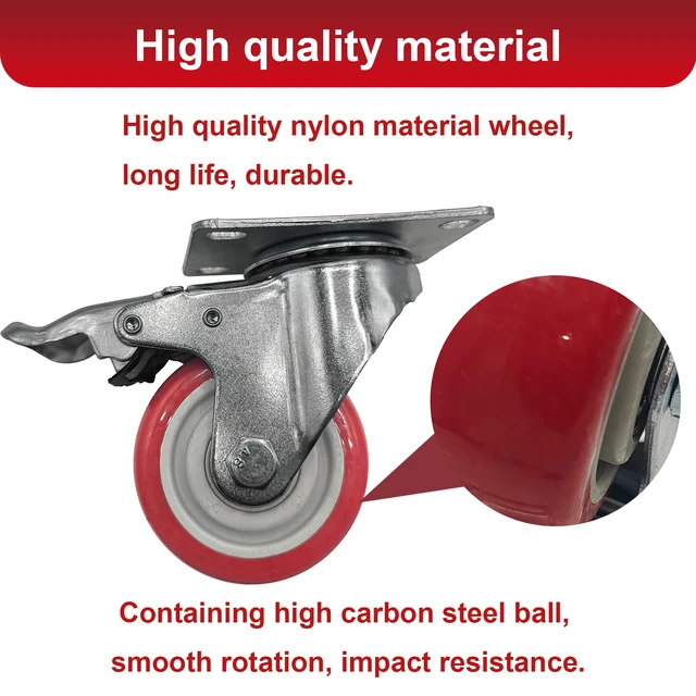 Alt view image 4 of 6 - Htudcue 4 Inch Heavy Duty Casters Set of 8, 2200 lbs Per 4 Red Wheels, Dual Locking Swivel Plate Casters with Brakes for Industrial Workbenches & Utility Carts