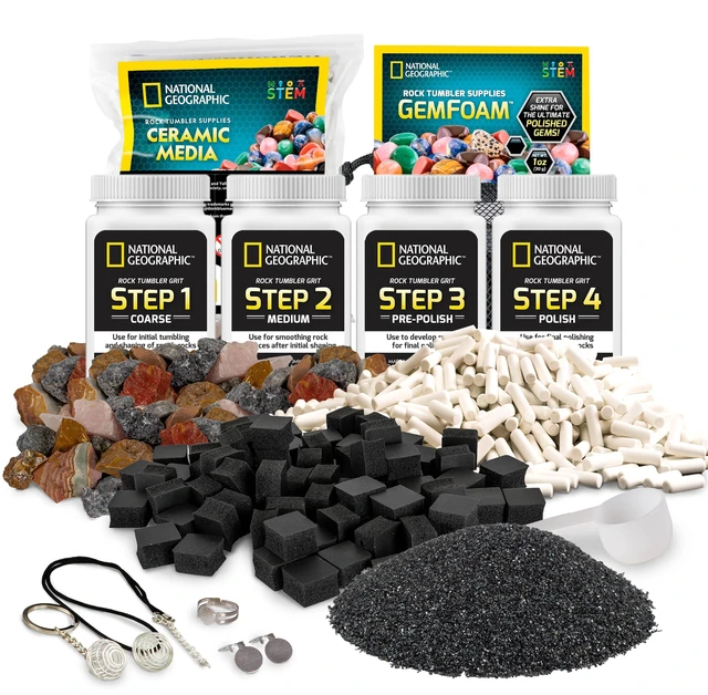 Main image of National Geographic Rock Tumbler Grit and Rock Polishing Refill Kit 3 Lbs. Madagascar Rocks, 4-Stage Grit and Polish, Ceramic Media, GemFoam Polish, Jewelry Accessories, Rock Polishing