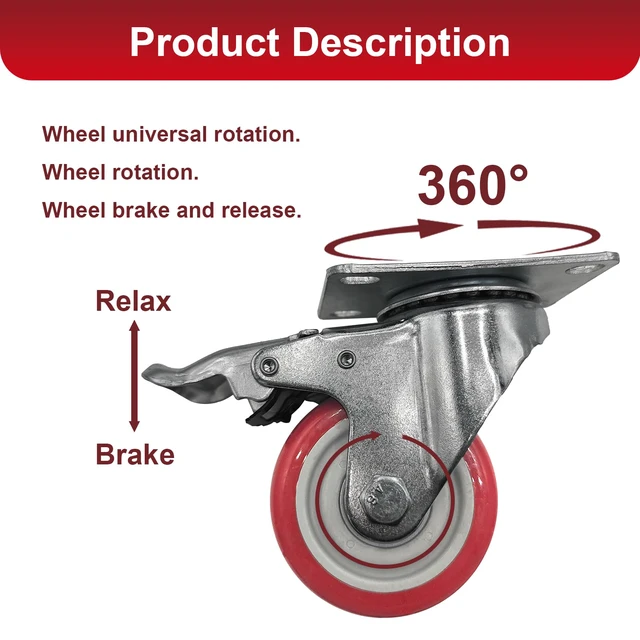 Alt view image 5 of 6 - Htudcue 4 Inch Heavy Duty Casters Set of 8, 2200 lbs Per 4 Red Wheels, Dual Locking Swivel Plate Casters with Brakes for Industrial Workbenches & Utility Carts