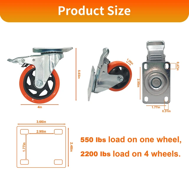 Alt view image 2 of 6 - Htudcue 8 Pack 4 Inch Heavy Duty Casters, 2200 lbs Load Per Set of 4, Orange Swivel Plate Casters with Lock Brakes for Garage Workshops & Storage Shelves