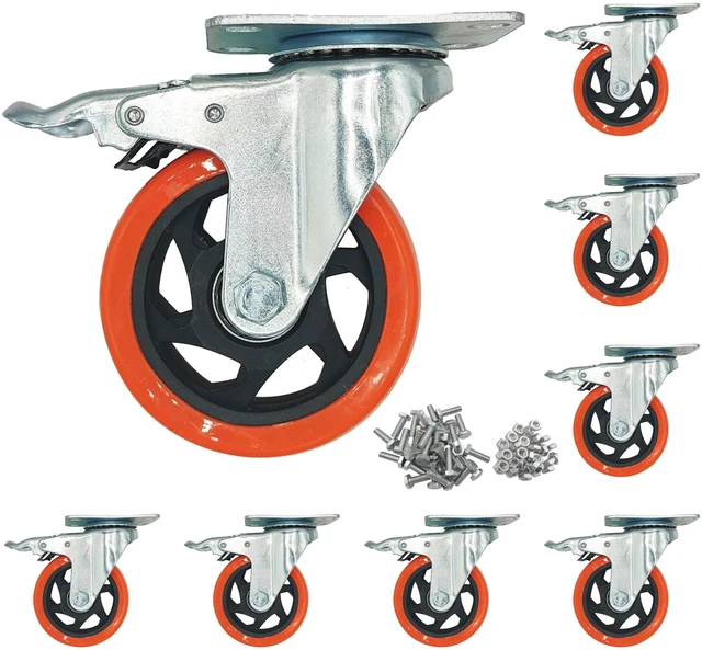 Main image of Htudcue 8 Pack 4 Inch Heavy Duty Casters, 2200 lbs Load Per Set of 4, Orange Swivel Plate Casters with Lock Brakes for Garage Workshops & Storage Shelves