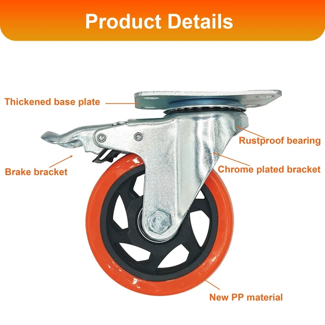Alt view image 3 of 6 - Htudcue 8 Pack 4 Inch Heavy Duty Casters, 2200 lbs Load Per Set of 4, Orange Swivel Plate Casters with Lock Brakes for Garage Workshops & Storage Shelves