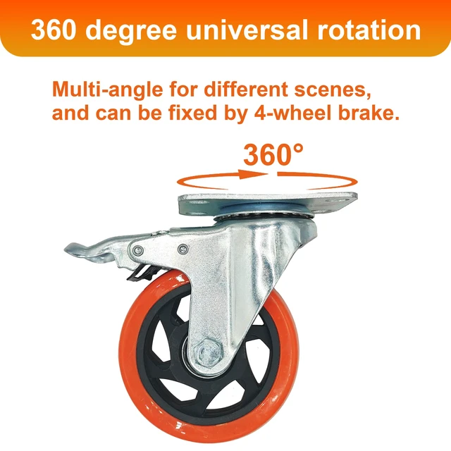 Alt view image 4 of 6 - Htudcue 8 Pack 4 Inch Heavy Duty Casters, 2200 lbs Load Per Set of 4, Orange Swivel Plate Casters with Lock Brakes for Garage Workshops & Storage Shelves