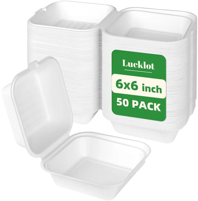 Main image of 50 Pack 6×6 Inch White Compostable Bagasse Take Out Food Containers Small To Go Disposable Lunch Box, Eco-Friendly Biodegradable Clamshell Containers with Lids, for Burger, Meals, Party, Picnic
