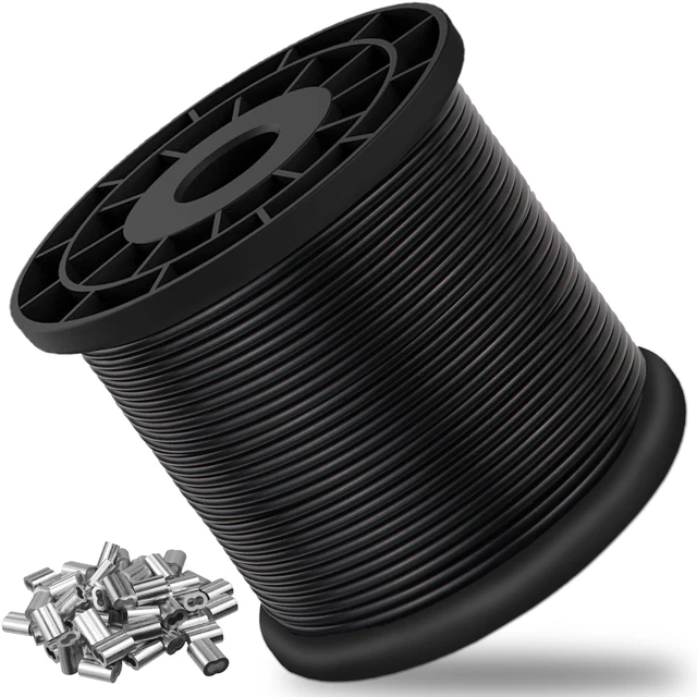 Main image of Vinyl Coated Wire Rope 304 Stainless Steel Coated Wire Cable-Black, 1/16" OD to 3/32" x 328FT, with 150 Pcs Crimping Sleeves-Cable for String Lights, Suitable for Clotheslines