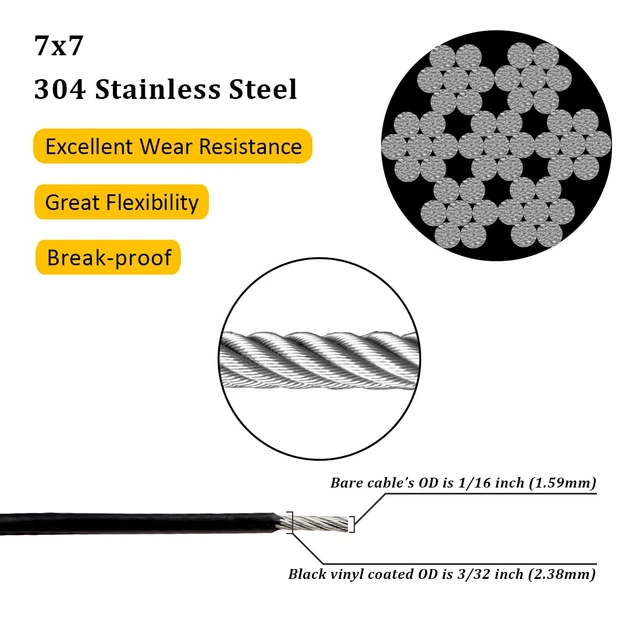 Alt view image 2 of 7 - Vinyl Coated Wire Rope 304 Stainless Steel Coated Wire Cable-Black, 1/16" OD to 3/32" x 328FT, with 150 Pcs Crimping Sleeves-Cable for String Lights, Suitable for Clotheslines